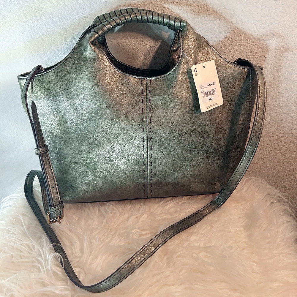 🔥🔥 SALE Pewter Green Satchel with Crossbody Strap Bag Snap Closure NWT